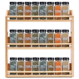 Bambition Bamboo Spice Rack Organizer, 3 Tier Spice Jars Storage Rack with Handles, Seasoning Shelf for Kitchen Counter or Wall