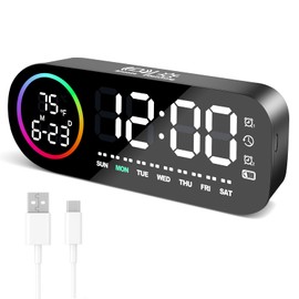 Vinabo Digital Alarm Clock with 7 Color Night Light, 4 Brightness Levels, Large LED Temperature Display, Voice Control, 12/24H, USB Port, Snooze, Power Off Memory (Black)