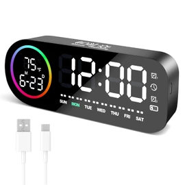 Vinabo Digital Alarm Clock with 7 Color Night Light, 4 Brightness Levels, Large LED Temperature Display, Voice Control, 12/24H, USB Port, Snooze, Power Off Memory (Black)