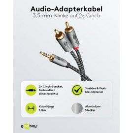 goobay 65285 Aux Cable RCA to 3.5 Jack 1 m/Aux Audio Cable for Smartphone/Console/Hi-Fi Stereo/Textile Jacket/Gold