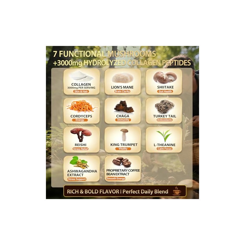 Instant Mushroom Coffee with Collagen, Skylorin Adaptogen Coffee Powder for