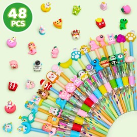 TicKiddos Pack of 28 Multicoloured Pens + 28 Pencils: 4 Colours Bulletpoint Pens and Pencils with Cute Animal Tops as Creative Gifts and Souvenirs for Children's Birthday Parties