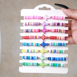 Heishi Surfer Bracelets Set for Women Men Bohemian Rainbow Stackable Clay Beaded Bracelets Christian Cross Gifts Disc Stretch Preppy Layering Colorful Friendship Summer Beach Bracelets-B