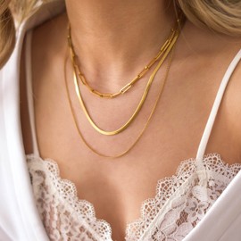 CHESKY 18K Gold Layered Necklaces, Gold Plated Papercilp Chain Dainty Choker Jewelry for Women