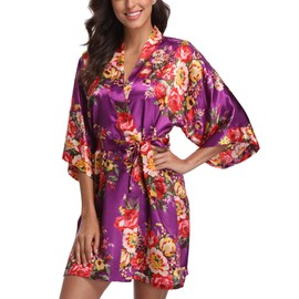 Laurel Snow Women's Floral Satin Robes Bride Bridesmaid Getting Ready Robe Short Kimono Bathrobe Sleepwear for Wedding Party