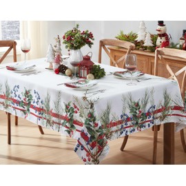 Home Bargains Plus Pine Berry Provence Christmas Fabric Tablecloth, French Country Holiday Pine Needles and Berries Stain Resistant Easy Care Tablecloth, 52 Inch x 52 Inch Square