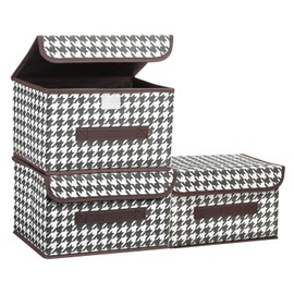 PATIKIL Fabric Collapsible Storage Bin 10.2 x 7.5 x 6.3 Inch, 3 Pcs Foldable Storage Box Cube with Lids and Handle Organizer Container for Home Bedroom Closet Clothes, Black White Grid