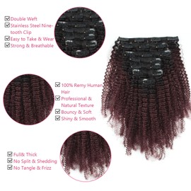 MIMIESEAT Afro Kinky Curly Clip in Hair Extensions Two Tone Omber Natural Black Fading to Cherry Wine 4B 4C Curly Clip in Hair Extensions 7 Pcs with 17 Clips 120 Grams 20 Inch