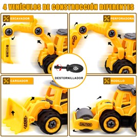 Bonbell Juguetes de Construccion, 4Pzs Take Apart Camiones De Construcción, Carritos Juguete con Excavadora, Topadora, Martinete y Apisonadora, DIY Carros Juguete, Regalo Navidad para 3-8 Años