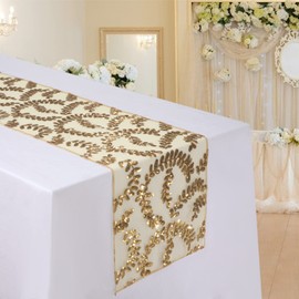 MengH-SHOP Table Runner Sequins Gold Leaves Pattern Tablecloths Table Flag Decoration for Party Wedding Birthday Baby Showers 30 x 280 cm