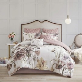 Madison Park 100% Cotton Comforter Contemporary Floral Design All Season Set, Matching Bed Skirt, Decorative Pillows, King(104"x92"), Blush
