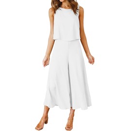 ROYLAMP Women's Summer Two Piece Outfits Round Neck Crop Basic Top Cropped Wide Leg Pants Set Jumpsuits White S