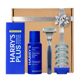 HARRY'S PLUS: Shaving Kit for Men - Gift Box with Premium Handle, 5 Razor Blade Cartridges, 2 oz Foaming Shave Gel & Travel Cover, Advanced Pivoting System - Tide