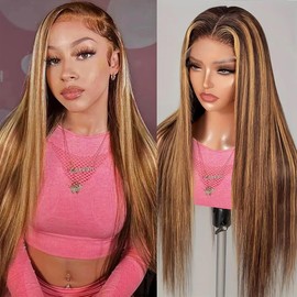 AUOU Ombre Highlight 13x6 Lace Front Wigs Human Hair Pre Plucked Straight Lace Front Wig 200% Density HD Frontal Wigs #4/27 Colored Honey Blonde Human Hair Wig for Women 22 Inch