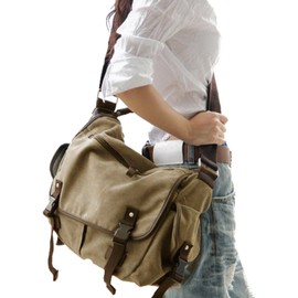 [Upgraded] Vintage Canvas Messenger Bag 13 15.6 17 inches Large Book Laptop Shoulder Bag Women Men New (Beige, 17 inches)