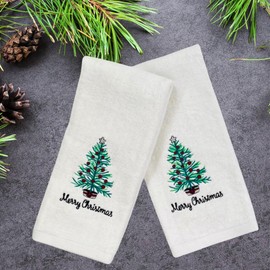 Luxury Winter Holiday Christmas Bath Kitchen Hand Towel Set: Decorated White Rustic Christmas Tree, Merry Christmas Motif, Velour Terry 100% Cotton Towels Set of 2