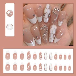 BQZQPAMZ White French Tip Press on Nails Glossy Pink False Nails with Snake Shape Rhinestone Design Reusable Glue on Nails Acrylic Nail Art Supplies for Women Manicure Gifts