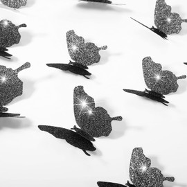 36 Pieces DIY Glitter Butterfly Combination 3D Butterfly Wall Stickers Decals Home Decoration (Glitter Black)