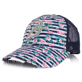 Blackskies® Tropical Flamingo Trucker Cap | Herren Damen Schirm Premium Snapback Trucker Mütze Floral Basecap Kappe Blau-Weiß Gestreift