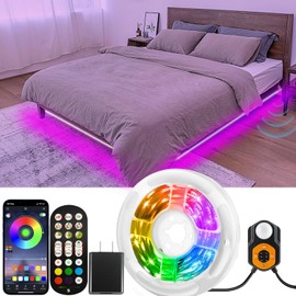 Tira de luz LED con sensor de movimiento de 6 m para debajo de la cama, luces RGB de 3 modos activadas por movimiento con sincronización de música y temporizador, luces LED regulables que