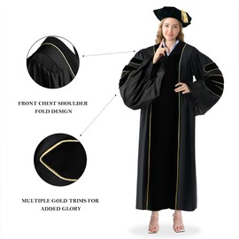 Happy Secret Unisex Deluxe Doctoral Graduation Gown and Doctoral Tam 8 Sided Package with Gold Piping Doctoral Regalia