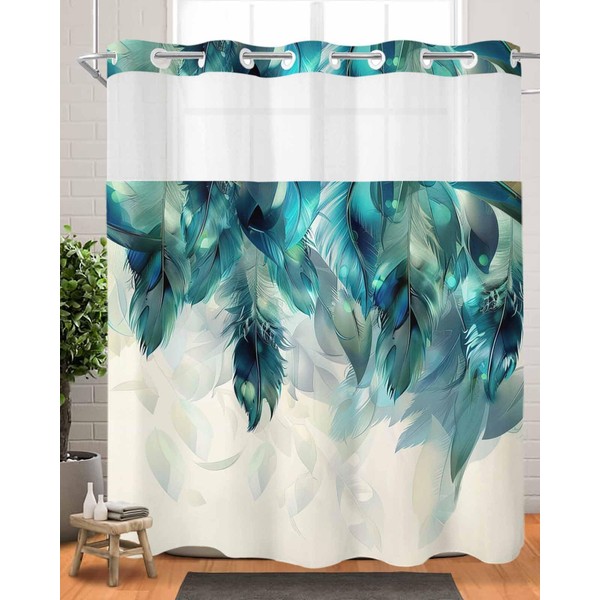 Peacock Feathers No Hook Shower Curtain with Snap in Liner