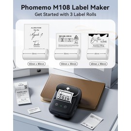 Phomemo Bluetooth Label Maker with 3 Tapes, Label Maker Machine with 400+ Ready-to-use Templates, M108 Thermal Label Machine Label Printer Perfect for Kitchen Jars, Price Tags, File Labels & More