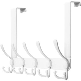 SKOLOO Over The Door Hook - for Doors up to 1-3/4'' Thickness, Metal Door Hanger with 5 Triple Hooks, Over The Door Hanger for Coats, Hats,Towels, White