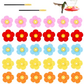 30pcs Hummingbird Feeders Replacement Flowers, PP Colorful Humming Bird Flowers with 2 Cleaning Brush Accessories Parts Bee Guards for Outdoors Hanging Feeders