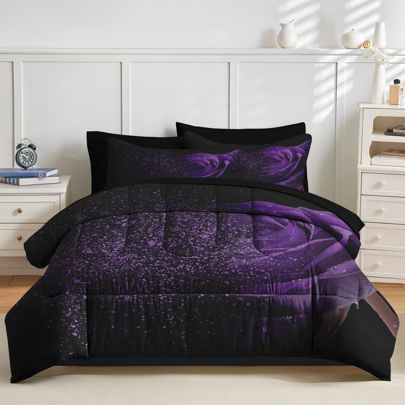 Nesker Comforter Set King Size, Purple Rose 7 Pcs Bedding