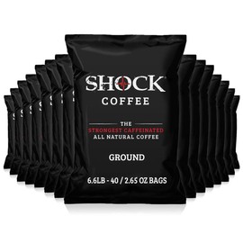 Shock Coffee Ground Stay Fresher Packs. The Strongest Caffeinated All Natural Coffee, Up to 50% more Caffeine than Regular Coffee, 6.6 pounds (40 - 2.65oz bags)