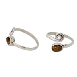 NOVICA Artisan Handmade Tigers Eye Toe Rings Sterling Silver from India Pair Brown Iced Coffee Modern Bohemian [0.4 in L x 0.2 in W x 0.1 in D] ' Insight' Pair