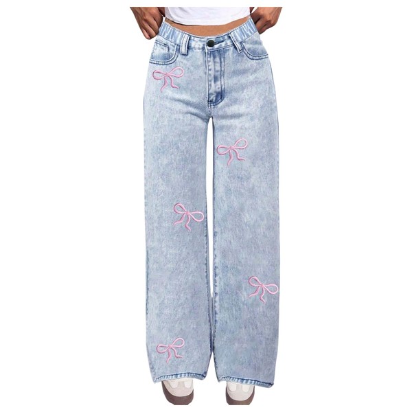 WDIRARA Girl's Bow Embroidered Baggy Jeans High Waisted Straight Leg