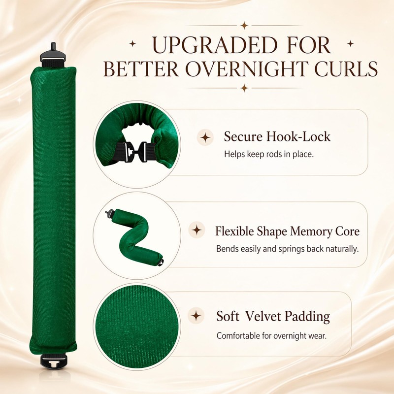 Heatless Curls Overnight, 4PCS Jumbo Velvet Curling Rods, Green