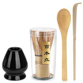 Juego de Batidores Matcha,Juego de 4 piezas de té Matcha tradicional, Scoop Cuchara de Té Soporte para Batidor, Accesorio para Matcha, Juego Tradicional Japonés de Batidor para Matcha (4, negro)