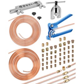 Turnirace 25 ft 3/16in &1/4in Copper Coated Brake Line Flaring Tool Kit, Includes 3-in-1 Tube Bender, Double & Single Flaring Tool Set, 4 Threads Unions, 40 Fittings