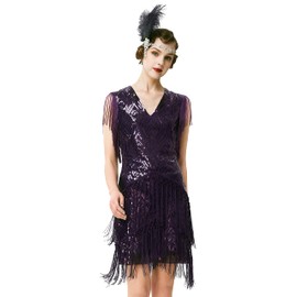 BABEYOND 1920s Flapper Dress Long Fringed Gatsby Sequins Beaded Vintage Art Deco Roaring 20s Purple