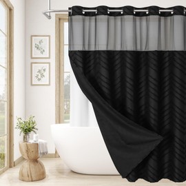 Craidlela No Hooks Extra Long Shower Curtain with Snap-in Liner, Black Fabric Tufted Striped Textured Shower Curtain, Large Modern Farmhouse Curtain for Bathroom, 72 x 86