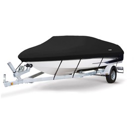 MSC Heavy Duty 600D Marine Grade Polyester Canvas Trailerable Waterproof Boat Cover,Fits V-Hull,Tri-Hull, Runabout Boat Cover (Black, Model A - Length:14'-16' Beam Width: up to 68")