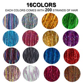 16 Colors Hair Tinsel Kit with Tools 3200 Strands Glitter Tinsel Hair Extensions Heat Resistant Sparkling Shiny Fairy Hair Accessories for Women Girl Kids 47Inch