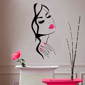 Beauty Salon Wall Decal – Girl Face & Red Lips Art Sticker for Barber Shop, Nail Salon, and Home Decor – Removable Vinyl Mural for Hairstyle Decoration M-73 (Black +Pink Lips, 40X90CM)