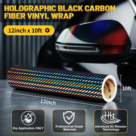 TECKWRAP Carbon Fiber Vinyl Wrap Film Air Release 12 inch x 10 ft Holographic Black Vinyl Wrap Tool kit for Cars Window Tint Tools Car Wrap Kit