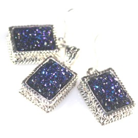 SILVER Vintage Style Royal Blue Rainbow Titanium Druzy Rectangular Pendant & Earrings Jewelry Set