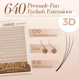 LASHVIEW Premade Lash 320 Fans, 3D C Curl Thickness 0.10 Premade Fans Eyelash Extensions 8-15 mm Mixed Length Promades Eyelash Fans Professional Pre Made Lash Fans (320 Fans 3D-0.10-C 8-15mm)