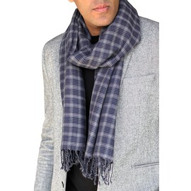 Anika Dali Men's Marco Check Plaid Wool Scarf, Tassels Super Soft Warm Cozy, Grey & Blue
