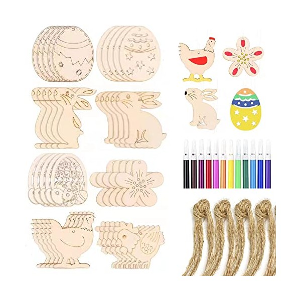 HBell 40 Pieces Easter Crafts Wooden Ornaments Unfinished Crafts Hanging Embellishments Crafts for Kids Easter Party Supplies DIY Decor Home Wall Door Decor (Rabbit&Egg)