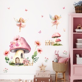 Tanlaby Mushroom Fairies Wall Sticker Genie Girls Wall Sticker Flowers Mushroom House Butterfly Wall Decoration Removable Wall Art Sticker for Baby Room Children's Room Bedroom Living Room