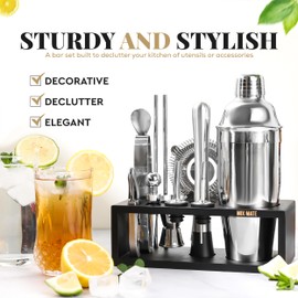 Mixology Bartender Kit with Stand - 15 Piece Bar Tool Set, Silver Bar Set Cocktail Shaker Set for Drink Mixing - Includes Martini Shaker, Jigger, Strainer, Bar Mixer Spoon, Tongs, Opener | Gift Idea