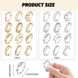 Kighdel Toe Ring 24 Pcs Adjustable Toe Rings for Women, Gold Silver Open Toe Rings Set for Women for Beach,Various Parties, Daily Wear