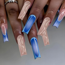 French Tip Press on Nails Medium Square Fake Nails with Wavy Stripes Designs 3D Handmade Nails Glossy Blue Gradient False Nails Reusable Full Cover Glue on Nails for Women 24Pcs